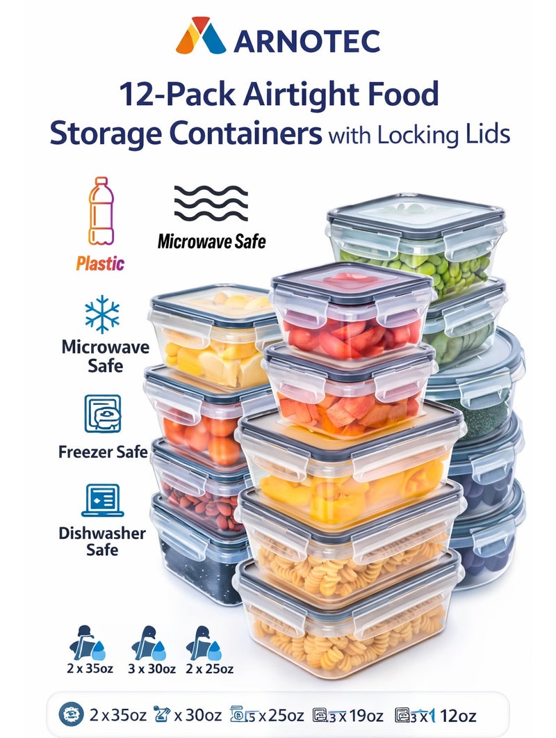 ARNOTEC طقم حاويات تخزين طعام محكمة الإغلاق مكون من 12 قطعة مع أغطية قفل – مجموعة حاويات تحضير الوجبات بلاستيك خالي من BPA – صناديق تنظيم مطبخ مقاومة للتسرب وقابلة للتكديس – آمنة للاستخدام في الميكروويف، الفريزر، وغسالة الصحون - Image 1